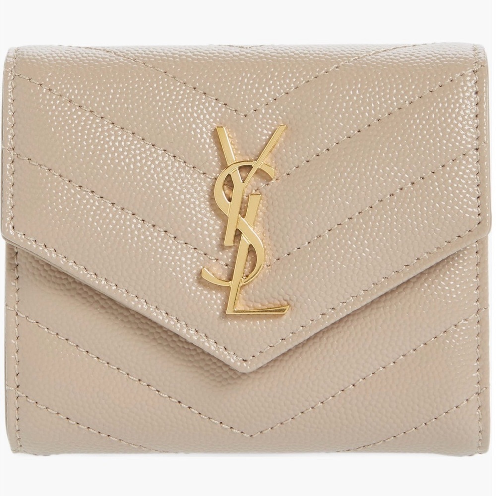 Yves Saint Laurent Taupe Leather Wallet with Gold Logo